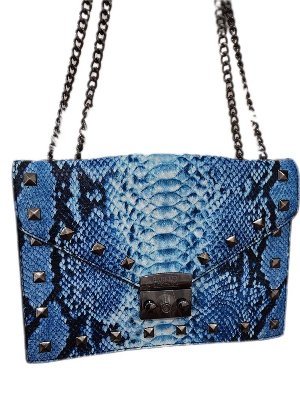 Badgley Mischka NWOT Crossbody Bag Snake Embossed Studded 
 Blue Vegan Leather